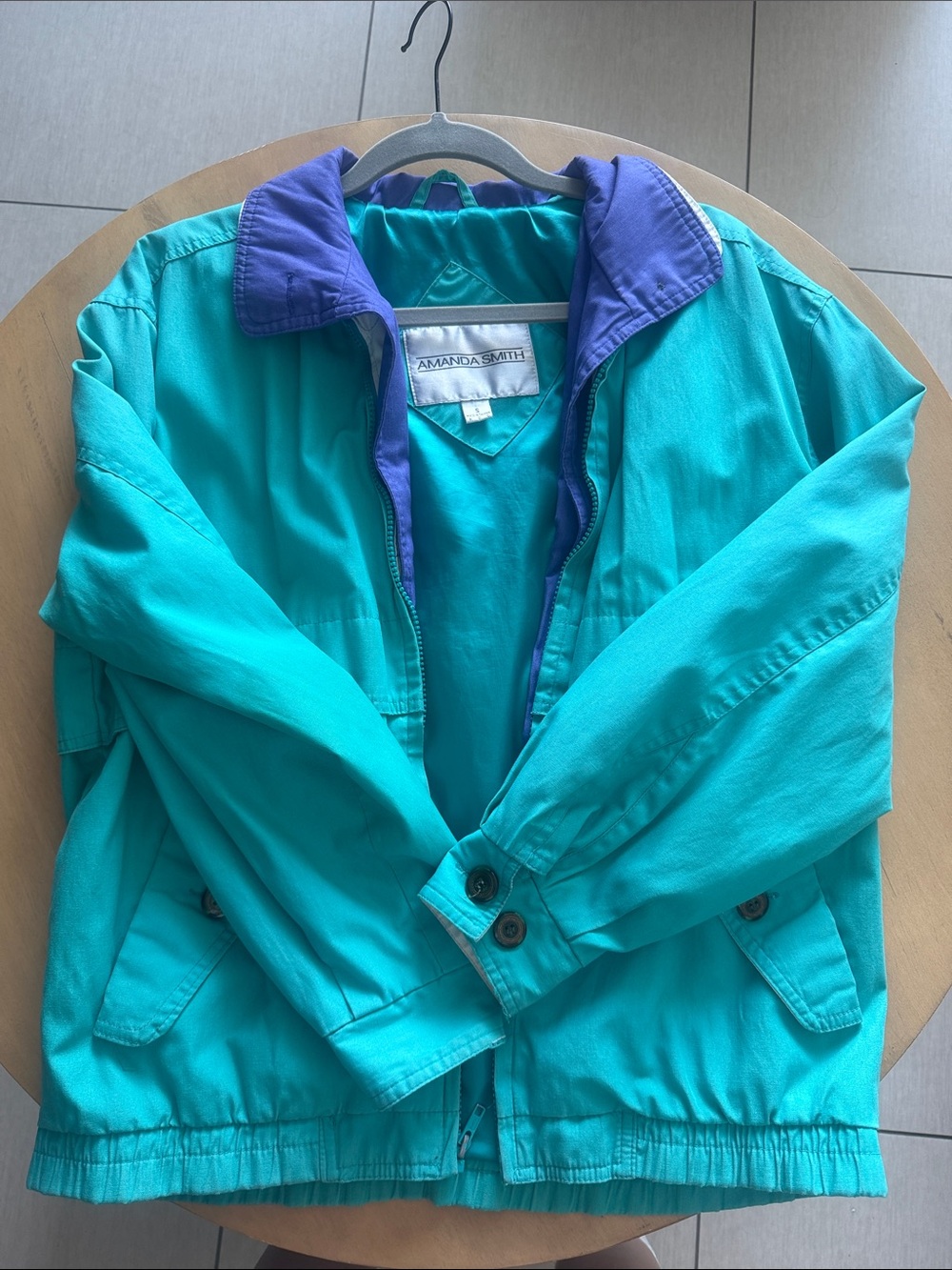 Amanda Smith Teal Windbreaker with Purple Collar Trim